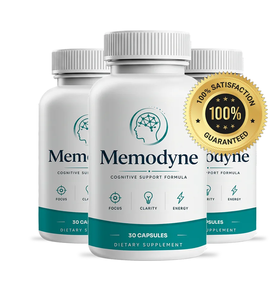 Memodyne nitric-oxide brain capsules bottle with 100% satisfaction guarantee seal, reviewed by Dyne Wellness