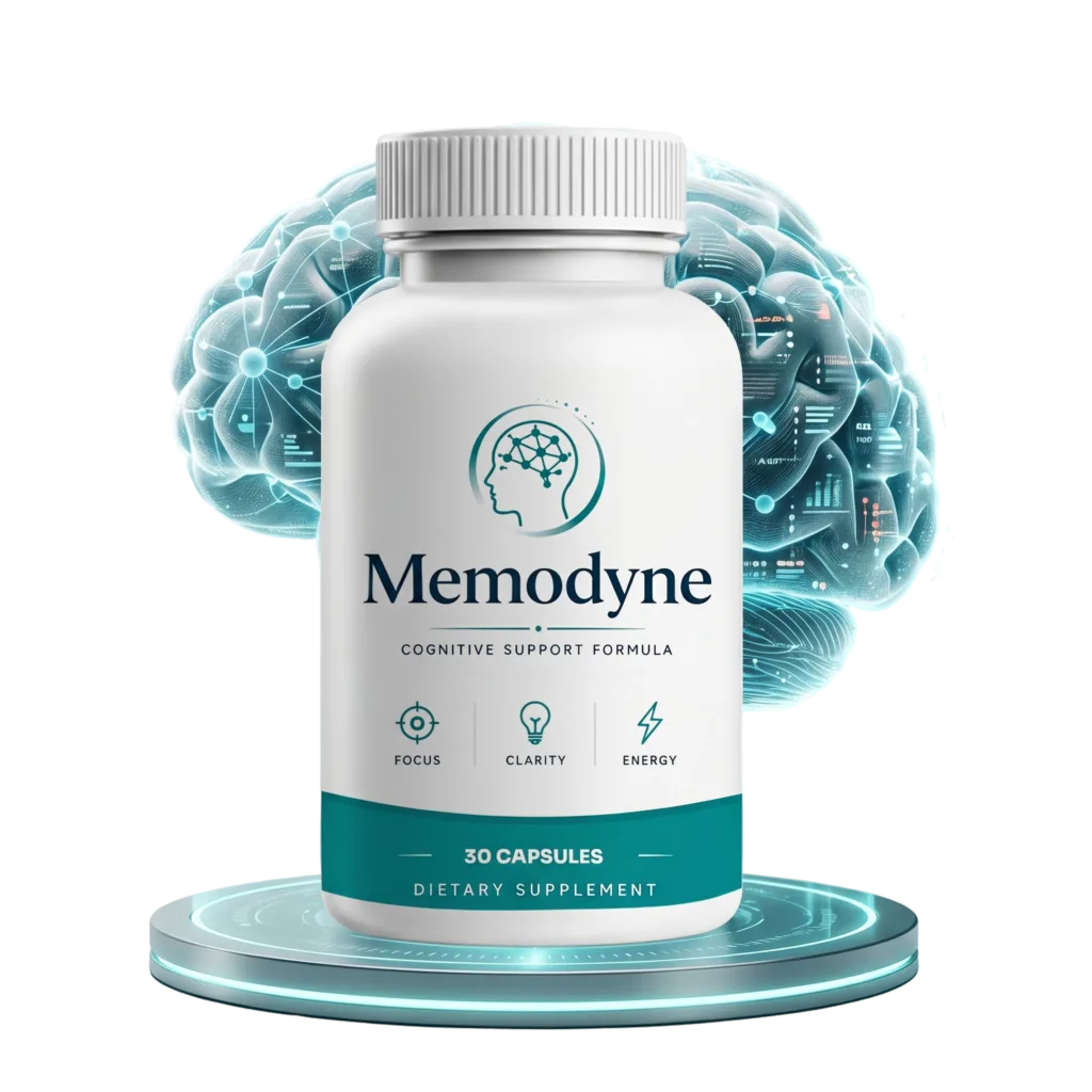 Memodyne cognitive support capsules bottle with a brain, focus, clarity and energy